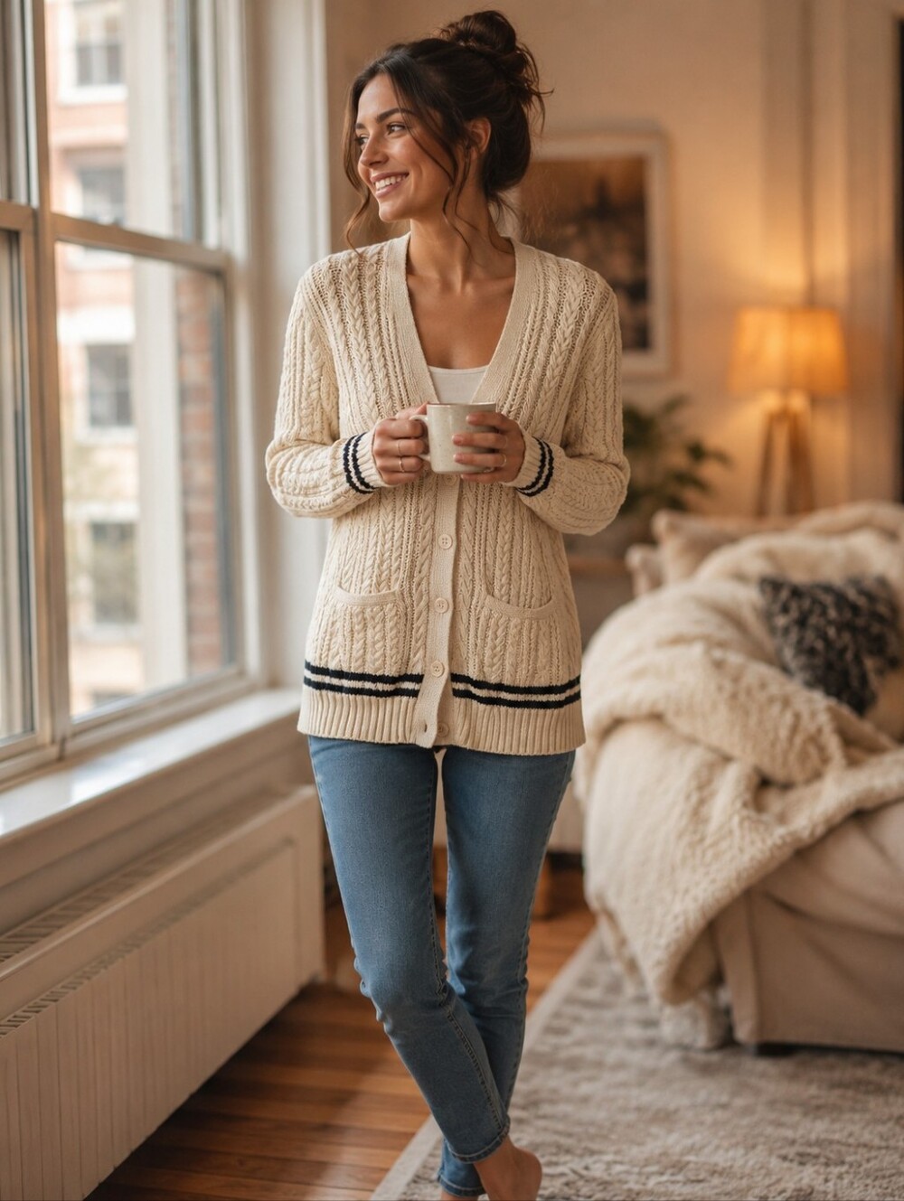 RARE Rugby Ralph Lauren Cream 100% Cotton Cable Knit Varsity Cardigan